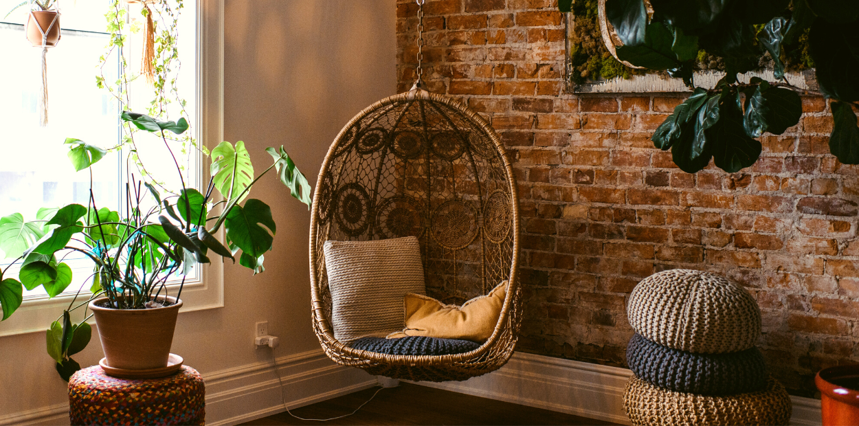 Chair hanging in corner of room with plants